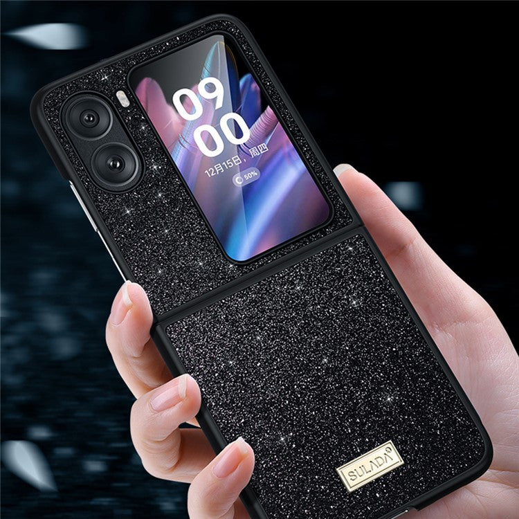 SULADA For Oppo Find N2 Flip 5G PU Leather Coated PC + TPU Anti-drop Phone Case Glitter Sequins Anti-scratch Cover - Black