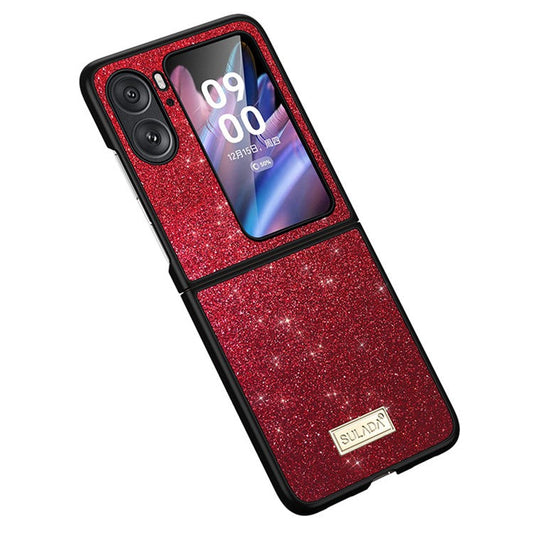 SULADA For Oppo Find N2 Flip 5G PU Leather Coated PC + TPU Anti-drop Phone Case Glitter Sequins Anti-scratch Cover - Red