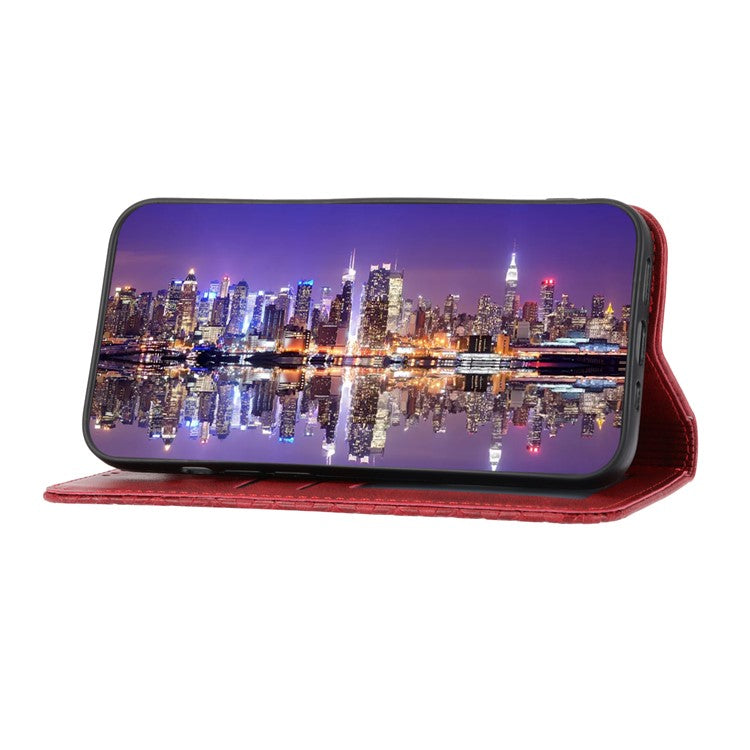 Phone Wallet Case for Google Pixel 7a, Imprinted Rhombus Pattern Calf Texture PU Leather Stand Phone Cover - Red