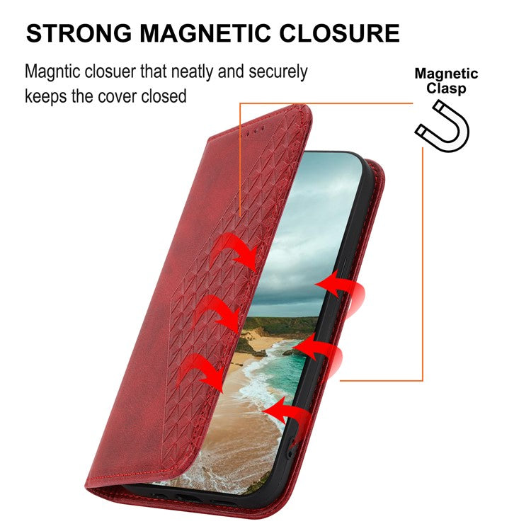 Phone Wallet Case for Google Pixel 7a, Imprinted Rhombus Pattern Calf Texture PU Leather Stand Phone Cover - Red