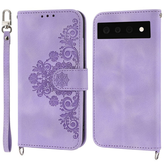 Phone Wallet Case for Google Pixel 7a, Skin-touch Imprinted Flowers Leather Stand Phone Cover with Wrist Strap and Shoulder Strap - Light Purple