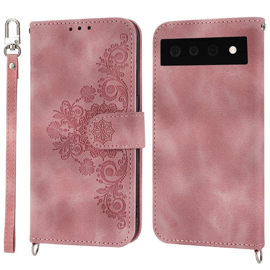 Phone Wallet Case for Google Pixel 7a, Skin-touch Imprinted Flowers Leather Stand Phone Cover with Wrist Strap and Shoulder Strap - Pink