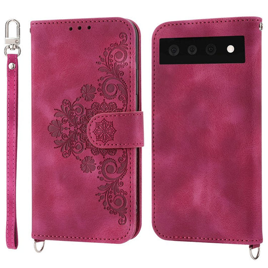 Phone Wallet Case for Google Pixel 7a, Skin-touch Imprinted Flowers Leather Stand Phone Cover with Wrist Strap and Shoulder Strap - Wine Red