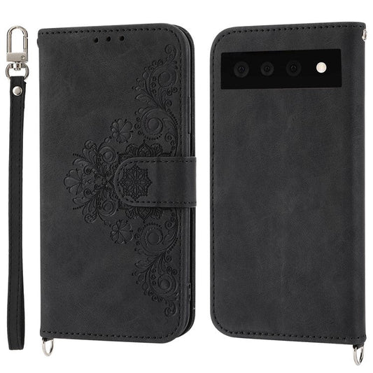 Phone Wallet Case for Google Pixel 7a, Skin-touch Imprinted Flowers Leather Stand Phone Cover with Wrist Strap and Shoulder Strap - Black