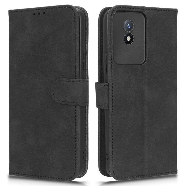 Flip Shell for vivo Y02 4G Skin-touch PU Phone Leather Case Wallet Stand Cell Phone Cover - Black