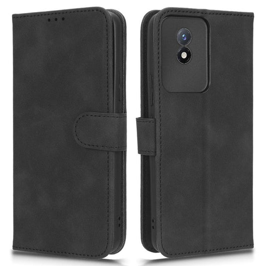 Flip Shell for vivo Y02 4G Skin-touch PU Phone Leather Case Wallet Stand Cell Phone Cover - Black