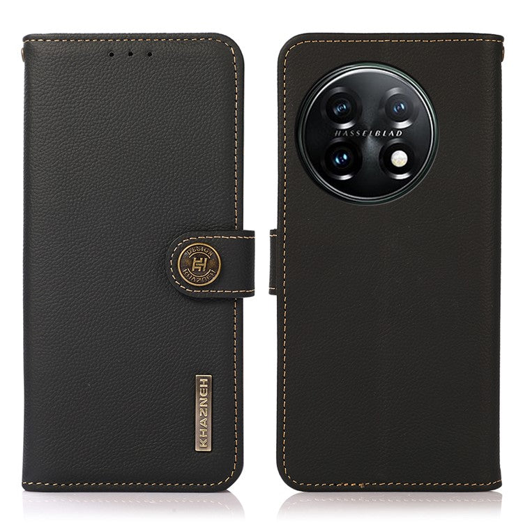 KHAZNEH For OnePlus 11 5G RFID Blocking Magnetic Anti-fall Phone Wallet Case Stand Genuine Leather Shockproof Phone Cover - Black