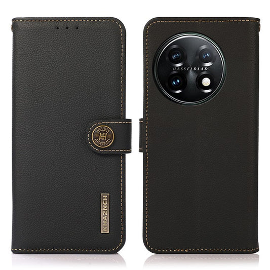 KHAZNEH For OnePlus 11 5G RFID Blocking Magnetic Anti-fall Phone Wallet Case Stand Genuine Leather Shockproof Phone Cover - Black