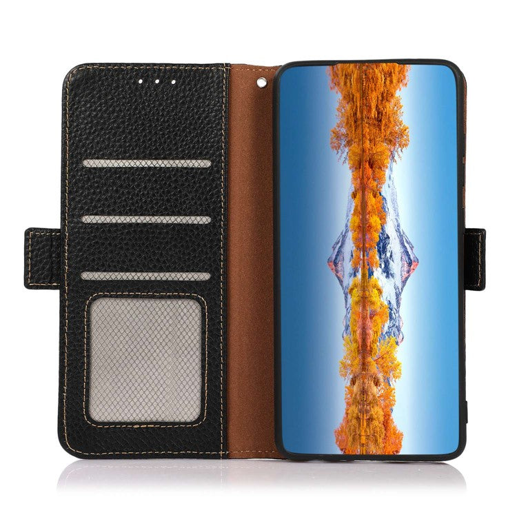KHAZNEH Phone Case for OnePlus 11 5G RFID Blocking Stand Wallet Litchi Texture Genuine Leather Shockproof Flip Phone Cover - Black