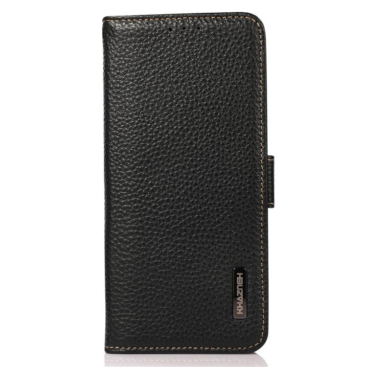 KHAZNEH Phone Case for OnePlus 11 5G RFID Blocking Stand Wallet Litchi Texture Genuine Leather Shockproof Flip Phone Cover - Black
