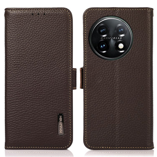 KHAZNEH Phone Case for OnePlus 11 5G RFID Blocking Stand Wallet Litchi Texture Genuine Leather Shockproof Flip Phone Cover - Brown