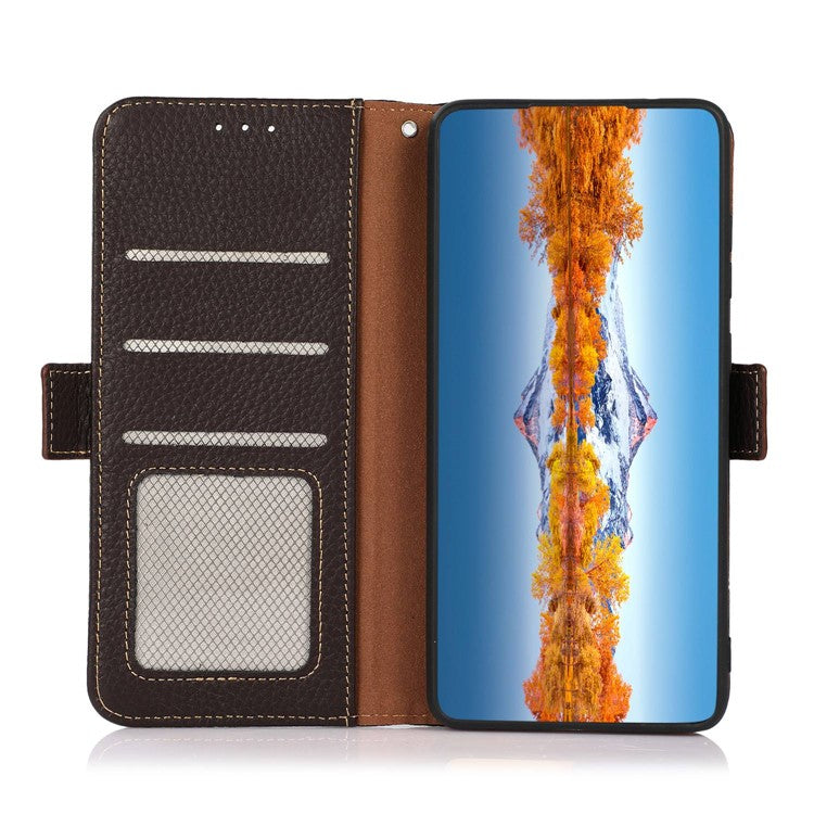 KHAZNEH Phone Case for OnePlus 11 5G RFID Blocking Stand Wallet Litchi Texture Genuine Leather Shockproof Flip Phone Cover - Brown