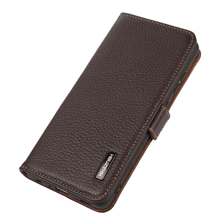 KHAZNEH Phone Case for OnePlus 11 5G RFID Blocking Stand Wallet Litchi Texture Genuine Leather Shockproof Flip Phone Cover - Brown