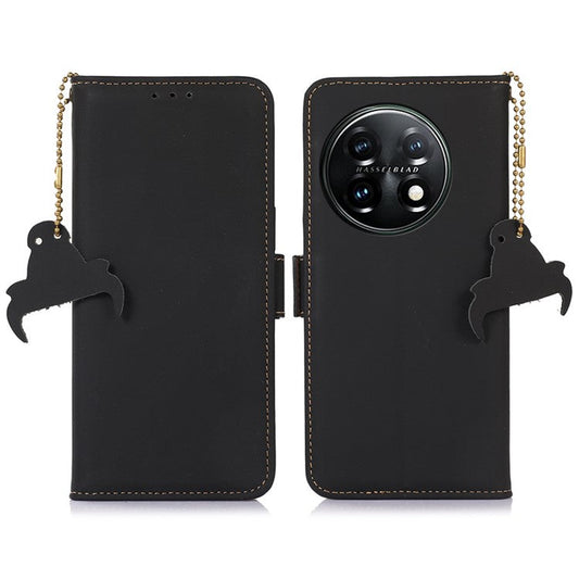 For OnePlus 11 5G Phone Case Genuine Leather Flip Cover RFID Blocking Wallet Case - Black