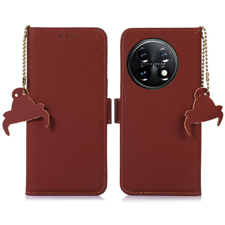 For OnePlus 11 5G Phone Case Genuine Leather Flip Cover RFID Blocking Wallet Case - Coffee