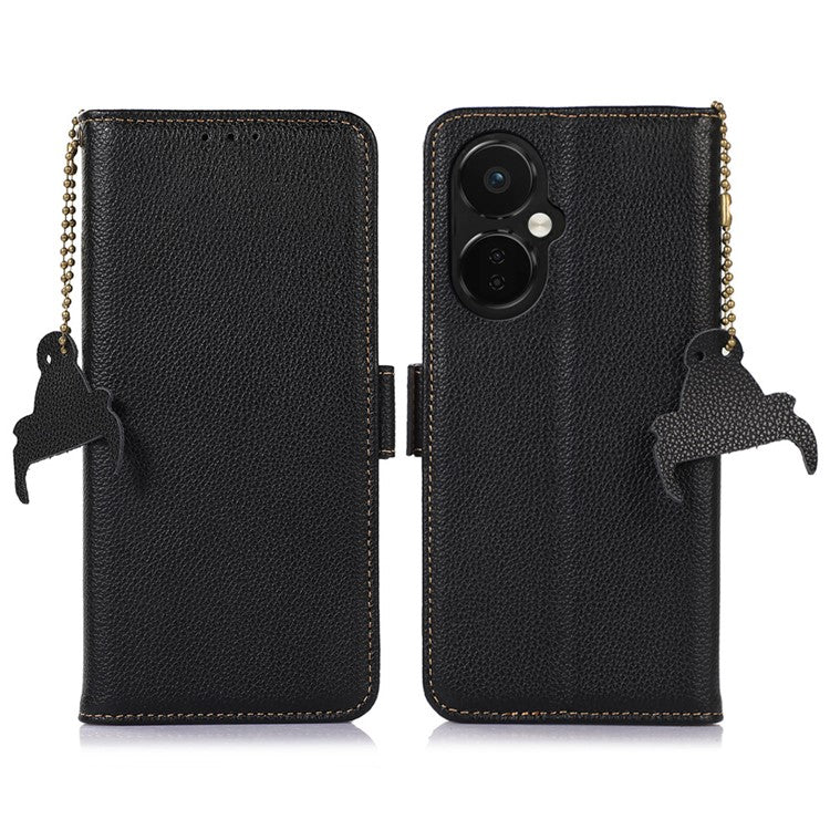 Genuine Cow Leather Phone Case for OnePlus Nord CE 3 Lite 5G / Nord N30 5G , RFID Blocking Wallet Stand Phone Cover - Black