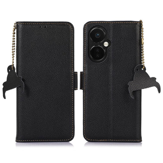 Genuine Cow Leather Phone Case for OnePlus Nord CE 3 Lite 5G / Nord N30 5G , RFID Blocking Wallet Stand Phone Cover - Black