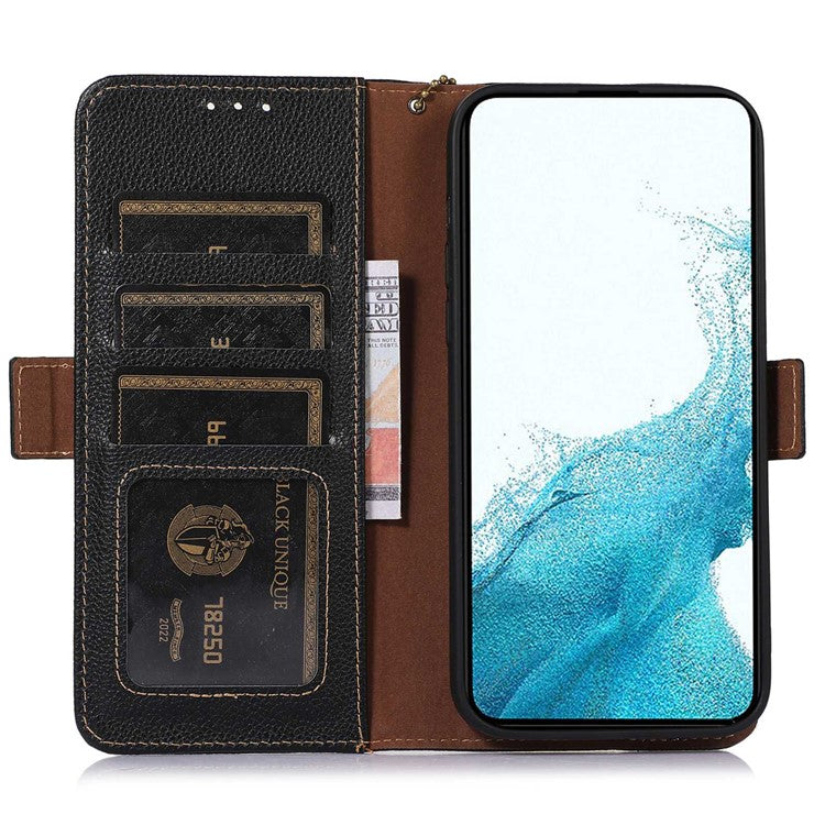 Genuine Cow Leather Phone Case for OnePlus Nord CE 3 Lite 5G / Nord N30 5G , RFID Blocking Wallet Stand Phone Cover - Black