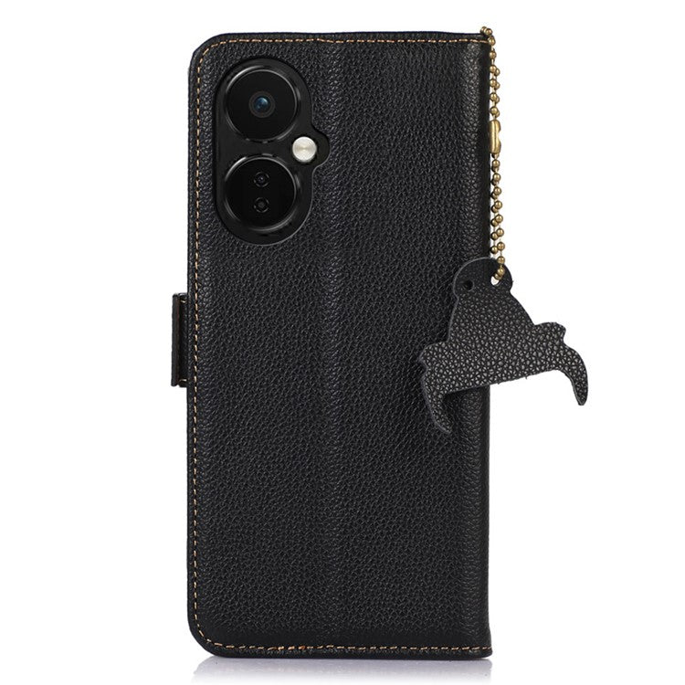 Genuine Cow Leather Phone Case for OnePlus Nord CE 3 Lite 5G / Nord N30 5G , RFID Blocking Wallet Stand Phone Cover - Black