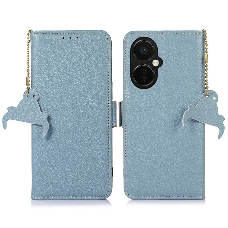 Genuine Cow Leather Phone Case for OnePlus Nord CE 3 Lite 5G / Nord N30 5G , RFID Blocking Wallet Stand Phone Cover - Blue