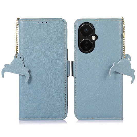 Genuine Cow Leather Phone Case for OnePlus Nord CE 3 Lite 5G / Nord N30 5G , RFID Blocking Wallet Stand Phone Cover - Blue