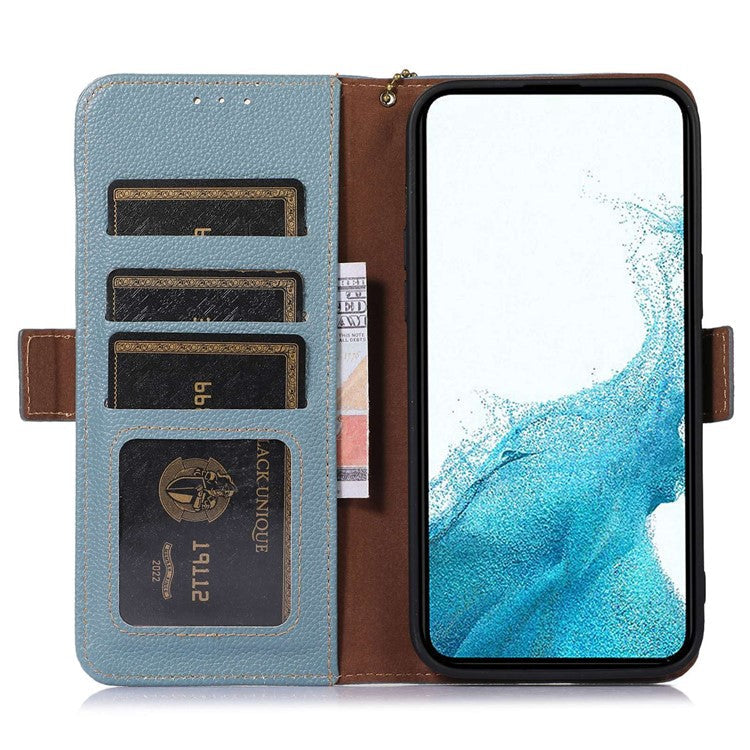 Genuine Cow Leather Phone Case for OnePlus Nord CE 3 Lite 5G / Nord N30 5G , RFID Blocking Wallet Stand Phone Cover - Blue