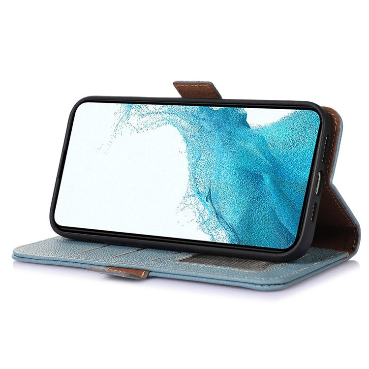 Genuine Cow Leather Phone Case for OnePlus Nord CE 3 Lite 5G / Nord N30 5G , RFID Blocking Wallet Stand Phone Cover - Blue