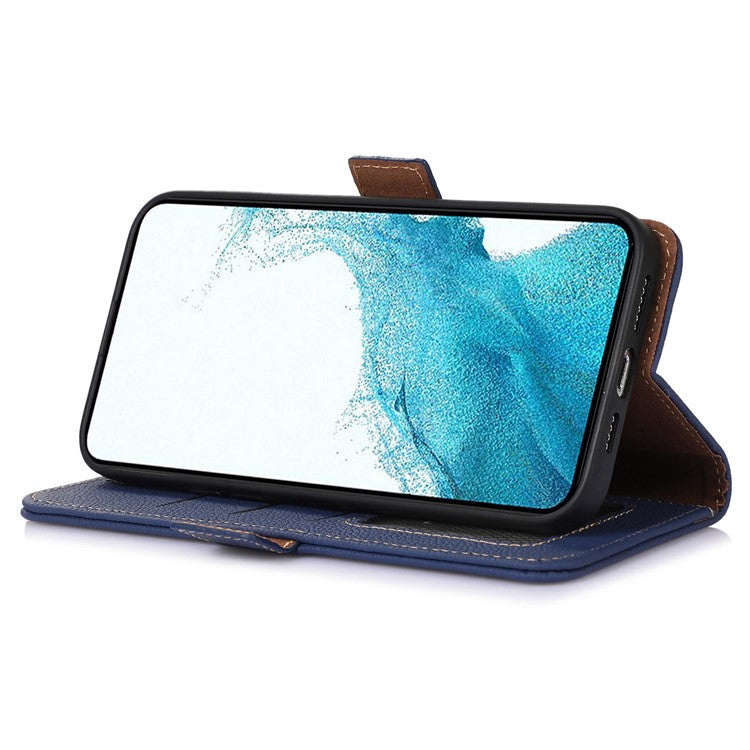 Genuine Cow Leather Phone Case for OnePlus Nord CE 3 Lite 5G / Nord N30 5G , RFID Blocking Wallet Stand Phone Cover - Sapphire