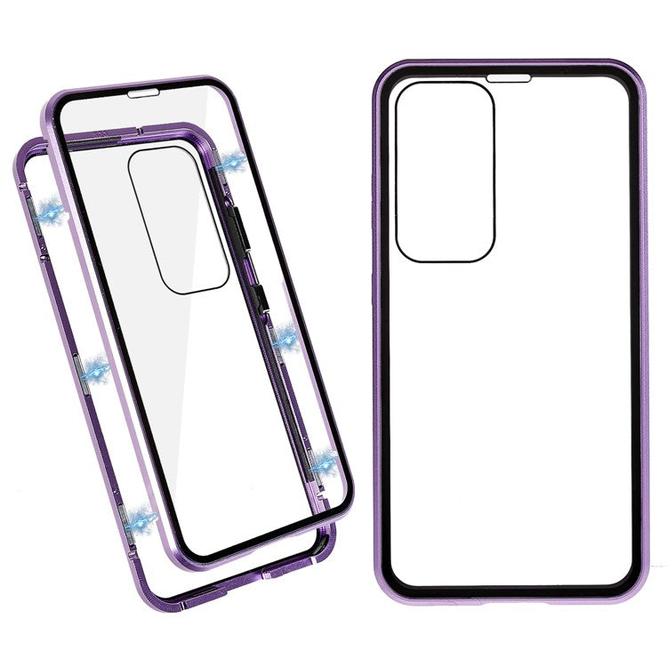 Magnetic Double-Sided Tempered Glass Phone Case for Samsung Galaxy S23+ , Metal Frame Full Body Clear Phone Cover - Purple