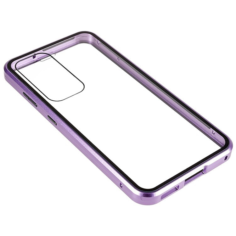 Magnetic Double-Sided Tempered Glass Phone Case for Samsung Galaxy S23+ , Metal Frame Full Body Clear Phone Cover - Purple