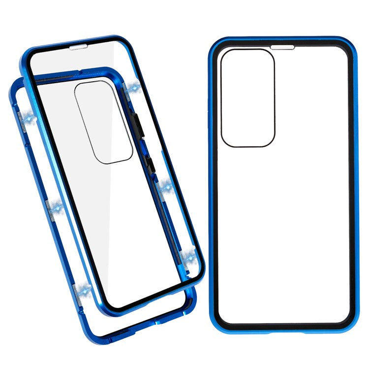 Double Sided Clear Tempered Glass Phone Case for Samsung Galaxy S23 , Magnet Absorption Metal Bumper Frame Shockproof Cover - Blue
