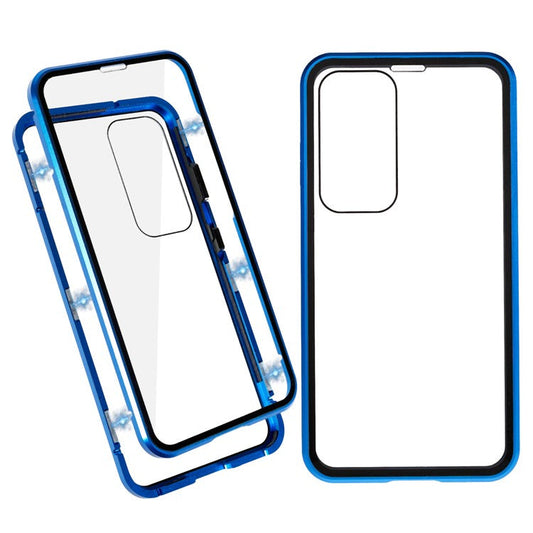 Double Sided Clear Tempered Glass Phone Case for Samsung Galaxy S23 , Magnet Absorption Metal Bumper Frame Shockproof Cover - Blue