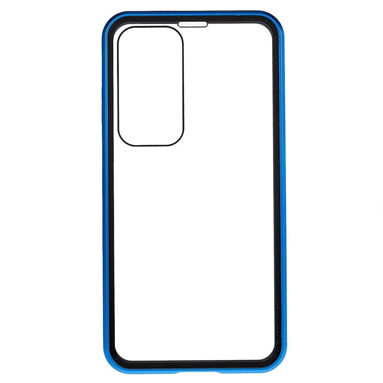 Double Sided Clear Tempered Glass Phone Case for Samsung Galaxy S23 , Magnet Absorption Metal Bumper Frame Shockproof Cover - Blue