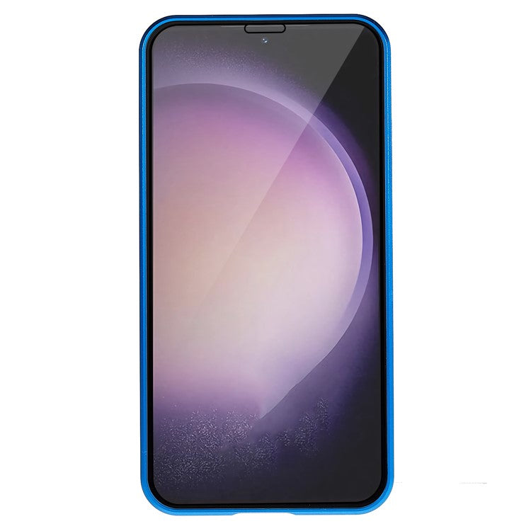 Double Sided Clear Tempered Glass Phone Case for Samsung Galaxy S23 , Magnet Absorption Metal Bumper Frame Shockproof Cover - Blue