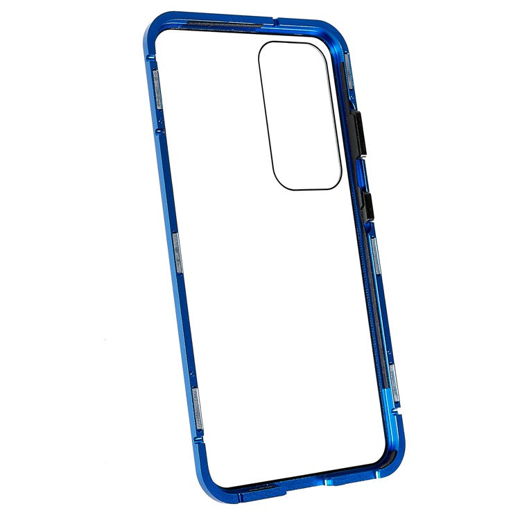 Double Sided Clear Tempered Glass Phone Case for Samsung Galaxy S23 , Magnet Absorption Metal Bumper Frame Shockproof Cover - Blue