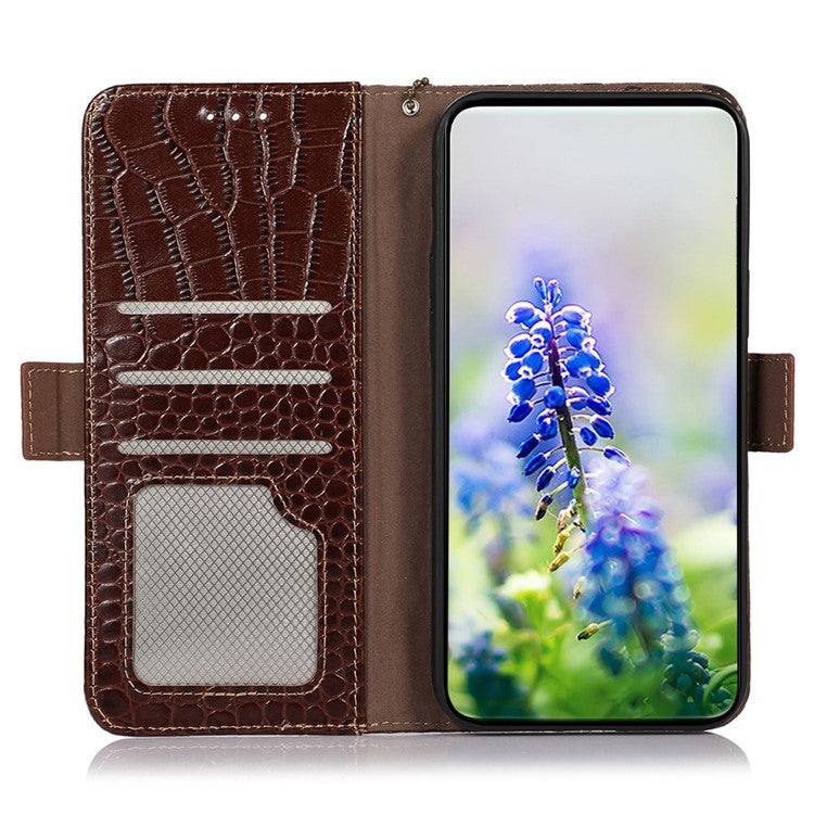 Phone Wallet Case for OnePlus 11 5G, RFID Blocking Crocodile Texture Genuine Cowhide Leather Stand Phone Cover - Brown