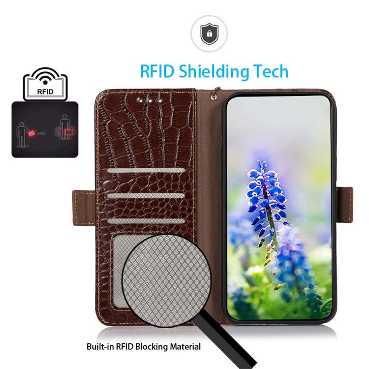 Phone Wallet Case for OnePlus 11 5G, RFID Blocking Crocodile Texture Genuine Cowhide Leather Stand Phone Cover - Brown