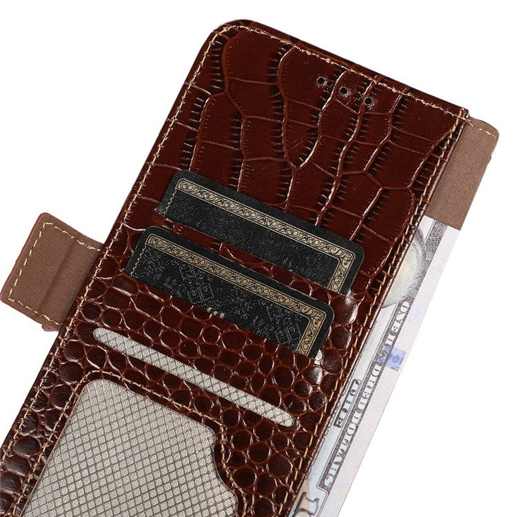 Phone Wallet Case for OnePlus 11 5G, RFID Blocking Crocodile Texture Genuine Cowhide Leather Stand Phone Cover - Brown