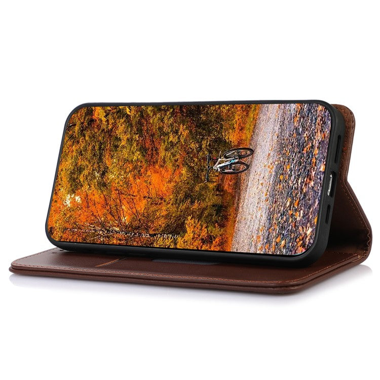 KHAZNEH Anti-drop Phone  Cover For OnePlus 11 5G Genuine Cowhide Leather Nappa Texture Stand Wallet Protective Phone Case - Brown