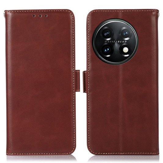 Shockproof Phone Case For OnePlus 11 5G, RFID Blocking Genuine Cowhide Leather Anti-scratch Phone Cover with Wallet Stand - Brown