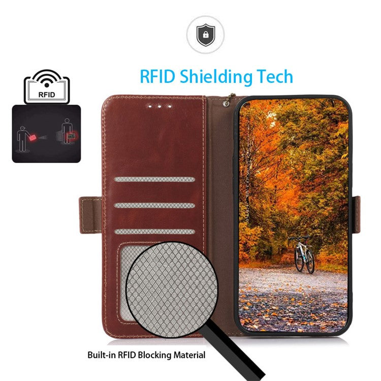 Shockproof Phone Case For OnePlus 11 5G, RFID Blocking Genuine Cowhide Leather Anti-scratch Phone Cover with Wallet Stand - Brown