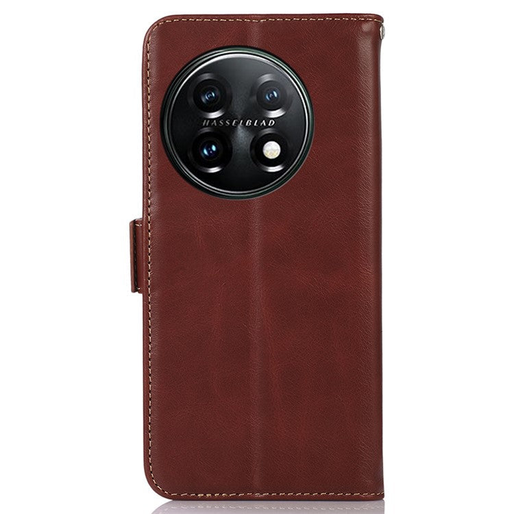 Shockproof Phone Case For OnePlus 11 5G, RFID Blocking Genuine Cowhide Leather Anti-scratch Phone Cover with Wallet Stand - Brown