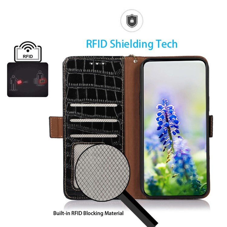 Leather Phone Case for OnePlus Nord CE 3 Lite 5G / Nord N30 5G RFID Blocking Crocodile Texture Wallet Stand Drop-proof Phone Cover - Black
