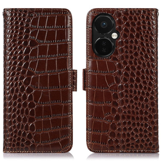Leather Phone Case for OnePlus Nord CE 3 Lite 5G / Nord N30 5G RFID Blocking Crocodile Texture Wallet Stand Drop-proof Phone Cover - Brown