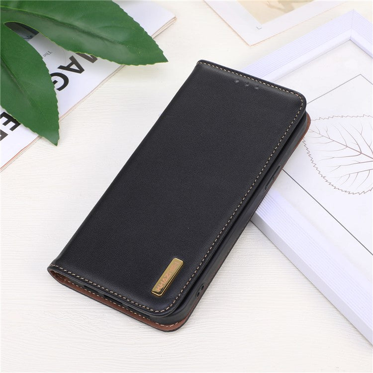 KHAZNEH Phone Case for OnePlus Nord CE 3 Lite 5G / Nord N30 5G Nappa Texture Genuine Cowhide Leather Phone Wallet Cover Stand Shell - Black
