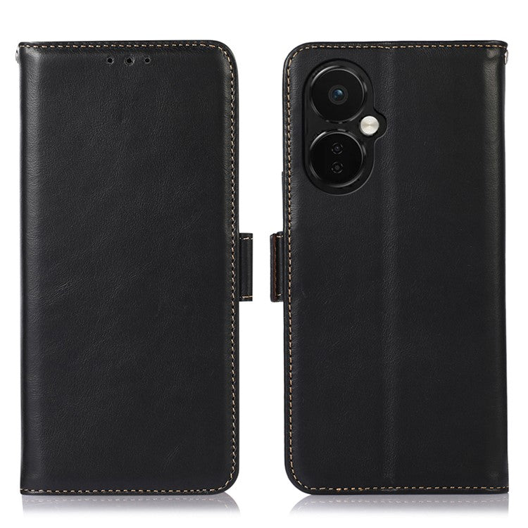 For OnePlus Nord CE 3 Lite 5G / Nord N30 5G RFID Blocking Mobile Phone Case Genuine Cowhide Leather Anti-fall Phone Cover with Wallet Stand - Black