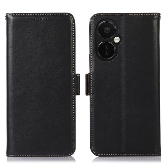 For OnePlus Nord CE 3 Lite 5G / Nord N30 5G RFID Blocking Mobile Phone Case Genuine Cowhide Leather Anti-fall Phone Cover with Wallet Stand - Black