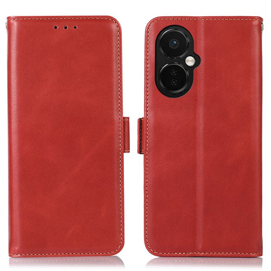 For OnePlus Nord CE 3 Lite 5G / Nord N30 5G RFID Blocking Mobile Phone Case Genuine Cowhide Leather Anti-fall Phone Cover with Wallet Stand - Red