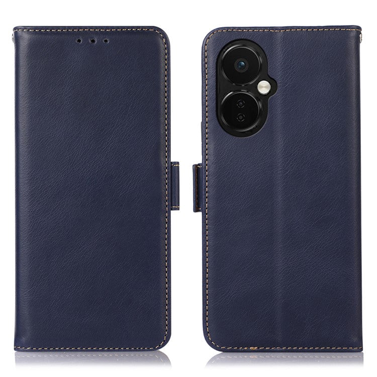 For OnePlus Nord CE 3 Lite 5G / Nord N30 5G RFID Blocking Mobile Phone Case Genuine Cowhide Leather Anti-fall Phone Cover with Wallet Stand - Blue