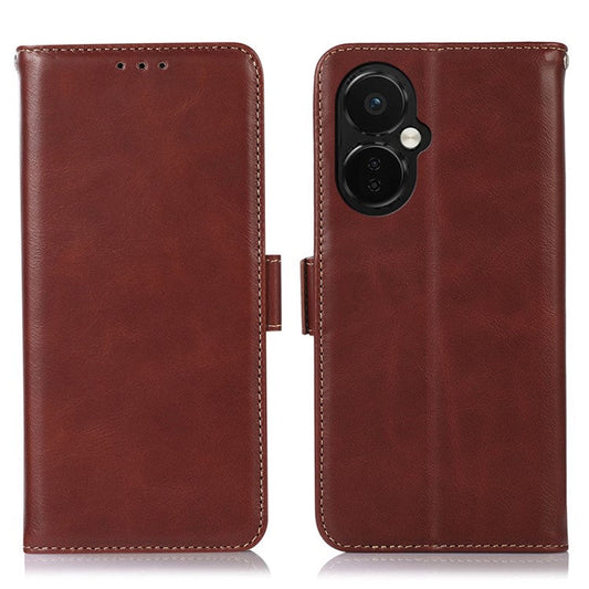 For OnePlus Nord CE 3 Lite 5G / Nord N30 5G RFID Blocking Mobile Phone Case Genuine Cowhide Leather Anti-fall Phone Cover with Wallet Stand - Brown